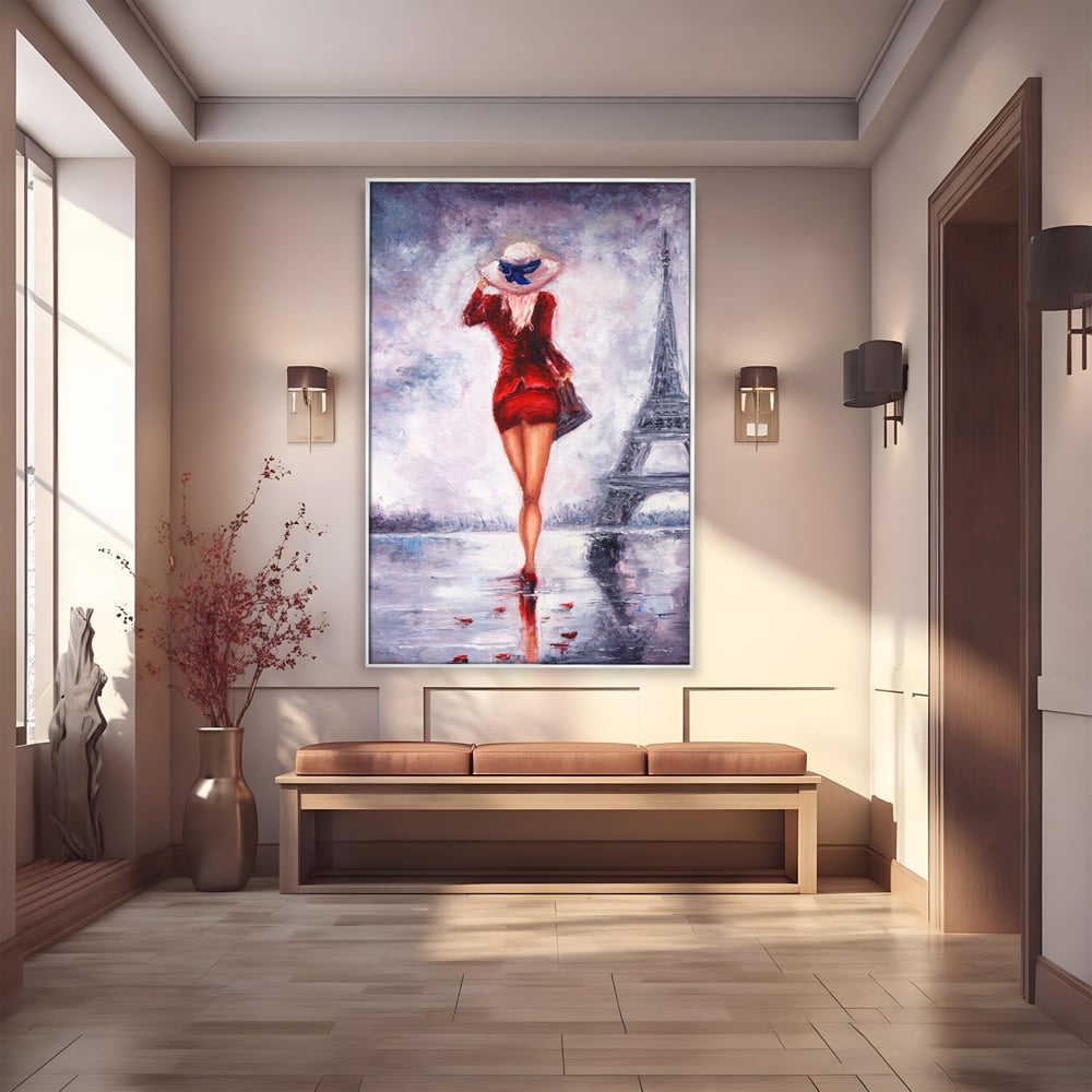 Tablou canvas cu pictura cu femeie in rochie rosie, in rama de aluminiu argintiu